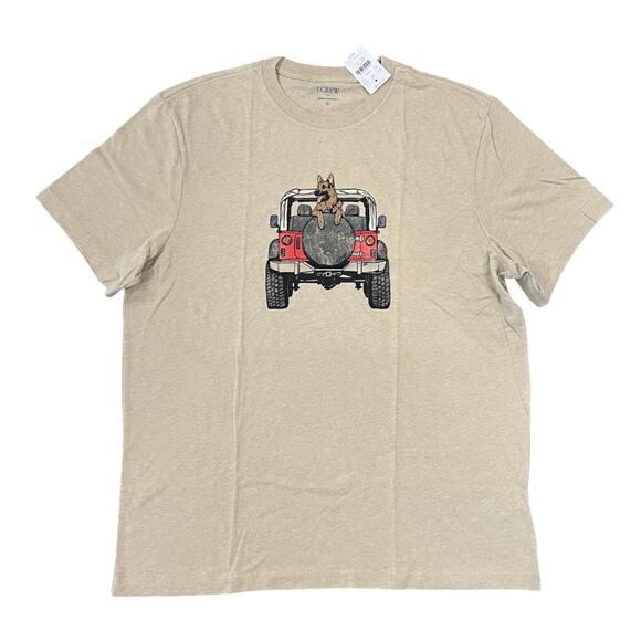 NWT J. Crew Men's Heather Beige W/German Shepherd in Jeep Graphic Tee - Picture 1 of 8